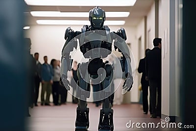 Robot Walks Down Office Corridor, With Unfocused People In Business Suits Sitting In The Background. The Concept Of Replacing Stock Photo