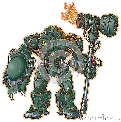 Robot warrior with shield and hammer Vector Illustration