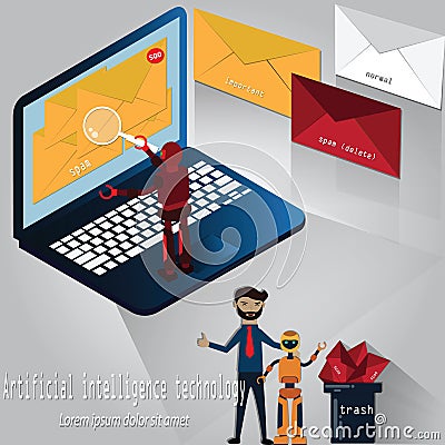 Robot was analyzing an e-mails and separated for 3 types, important, normal or spam mail,Artificial intelligence technology,vector Vector Illustration