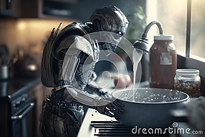 The robot washes the dishes. AI generative Stock Photo