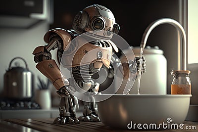 The robot washes dishes in the kitchen. AI generative Stock Photo