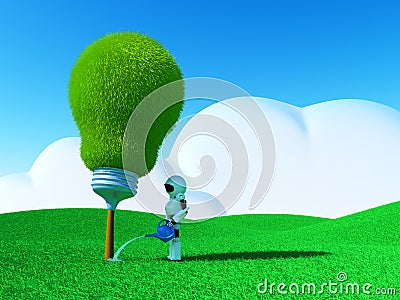 Robot watering lightbulb-tree Stock Photo