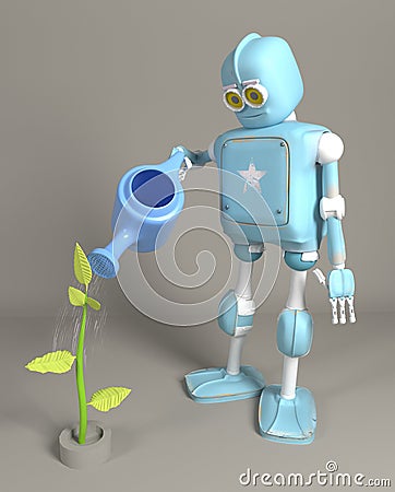 The robot is watering the sprout 3d, render Stock Photo