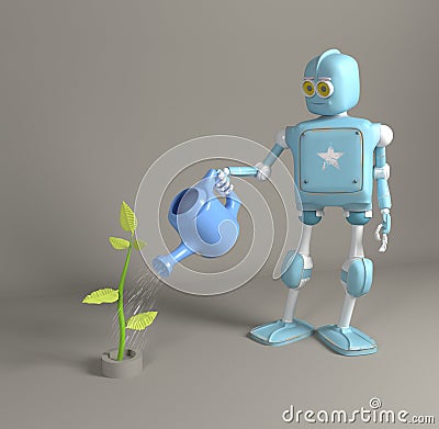 The robot is watering the sprout 3d, render Stock Photo