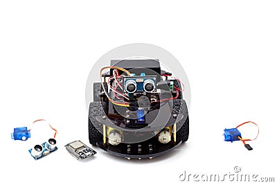 Robot on wheels and different details on a white background. Art Stock Photo