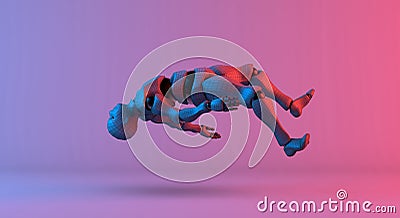 Robot wireframe float on gradient red violet background Stock Photo