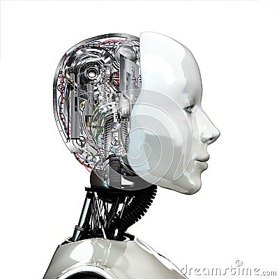 A robot woman head with internal technology Stock Photo