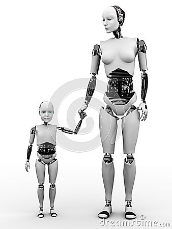 Robot woman with her child. Stock Photo