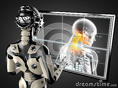 Robot woman manipulating hologram displey Stock Photo