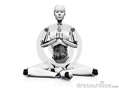 Robot woman meditating. Stock Photo
