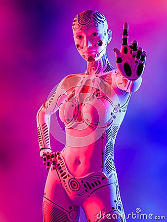 Robot woman. White metal droid. Artificial Intelligence Cartoon Illustration