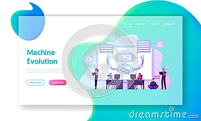 Robot Work on Laptop Help Customers Landing Page Template. Ai Chatbot Faq Support, Innovation Vector Illustration