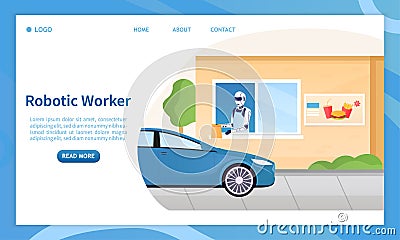 Robot worker in a fast food restaurant concept. Automated service in the restaurant industry. The robot gives the order Vector Illustration