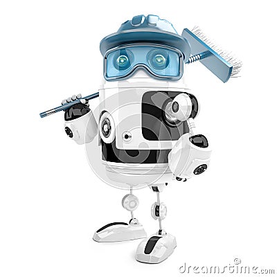 Robot worker with mop. Cleaning services. . Contains cli Stock Photo
