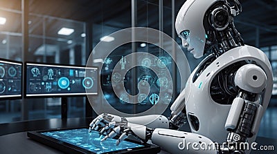 Robot workers, employees in the form of robots in the future to help humans process data. AI generated image Stock Photo