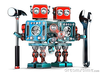 Robot workers with tools. Isolated. Contains clipping path Stock Photo