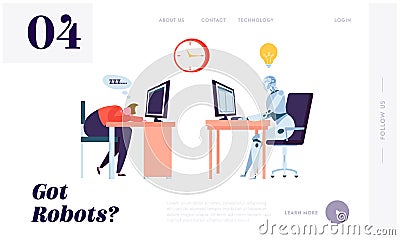 Robot Working All Time Landing Page. Character Sleeping on Workplace. Machine can Process Information Constantly Without Stopping Vector Illustration
