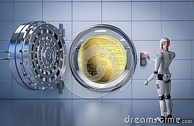 Robot working with bitcoin and bank vault Stock Photo
