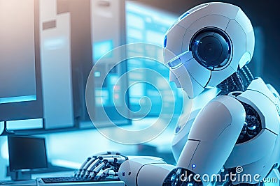 Robot working at computer among people. Maschine typing on keyboard in office. ai generative Stock Photo