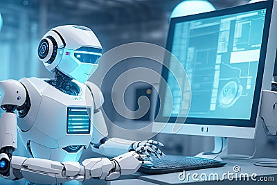 Robot working at computer among people. Maschine typing on keyboard in office. ai generative Stock Photo