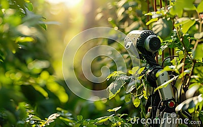 Robot working in the garden, harvesting. AI centered world concept. Digital transformation, neural networks, deep learning, tech Stock Photo