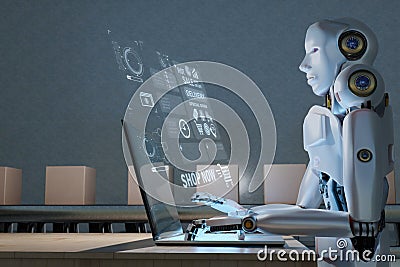 Robot working 24hr business laptop AI UI interface Object manufacturing industry technology Product export and import future Robot Stock Photo