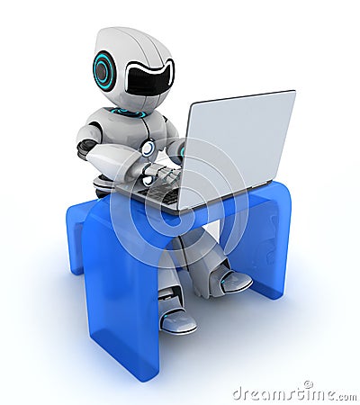 Robot working on laptop Stock Photo
