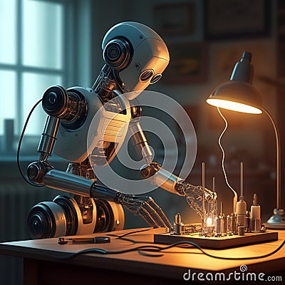 Robot working - robot soldering wires using soldering iron and solder Stock Photo