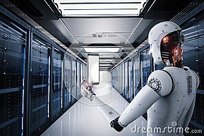 Robot working in server room Stock Photo