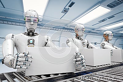 Robot working with white boxes Stock Photo