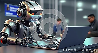 Robot works behind laptops on office with people background.Robot work with people.Mixed team of people and robots Stock Photo