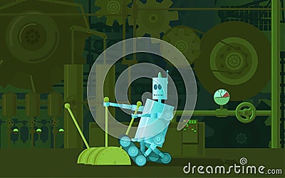 The robot works on the Factory Machines. Vector Illustration