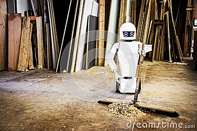A robot works fully automatically in a carpentry workshop Stock Photo