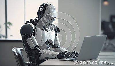 Robot works on a laptop. Stock Photo