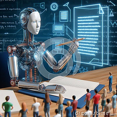 A robot writes an essay using generative artificial intelligence in a modern learning environment.Generative ai Stock Photo