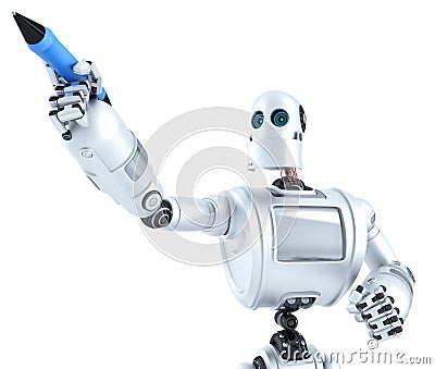 Robot writing on invisible screen. Closeup portrait. Isolated. Contains clipping path Stock Photo
