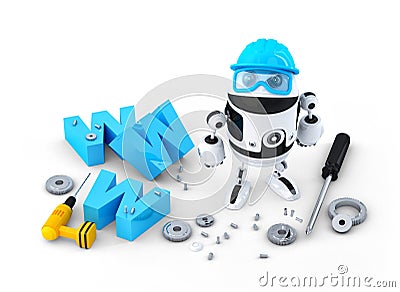 Robot with WWW sign. Website building or repair concept Stock Photo