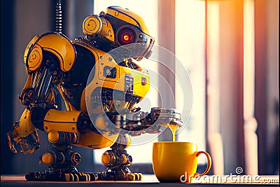 Robot, yellow homemade robot makes hot drinks, coffee machine. Stock Photo