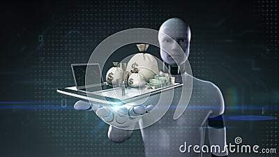 Robota cyborga otwarta palma, Online bankowość, pożyczka, dług z gotówką, pieniądze, rachunki na wiszącej ozdobie Pastylka Robota cyborga otwarta palma, Online bankowość, pożyczka, dług z gotówką, pieniądze, rachunki na wiszącej ozdobie Pastylka