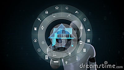 Roboter, Cyborg, der intelligentes Haushaltsgerät IoT, Internet von Sachen, künstliche Intelligenz berührt 2 Roboter, Cyborg, der intelligentes Haushaltsgerät IoT, Internet von Sachen, künstliche Intelligenz berührt 2