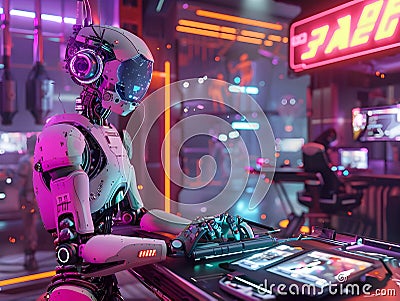Robotic Animators at Cutting Edge Animation Studio Crafting Vibrant 3D Figures in Synthwave Inspired Environment Stock Photo