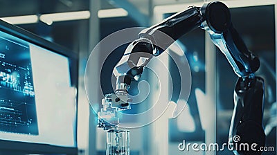 Robotic arm adjusts precision components in advanced factory automation system Cartoon Illustration