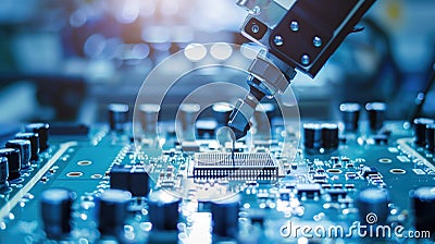 Robotic arm assembling electronic component on a circuit board with advanced precision technology. Stock Photo
