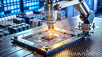 Robotic Arm Assembling a High-Tech Microchip Precision Technology in Electronics Manufacturing Stock Photo