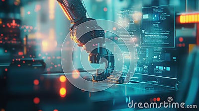 Robotic arm assembling microchip in automated factory with futuristic hud Stock Photo
