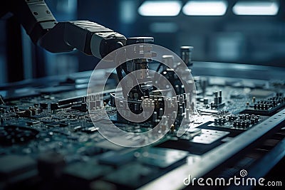 Robotic Arm Delicately Assembles Intricate Electronic Components In Factory. Generative AI Stock Photo