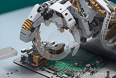 A robotic arm delicately assembling a complex circuit board generated by Ai Stock Photo