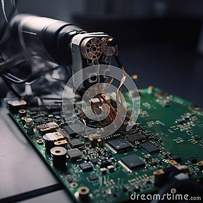 A robotic arm delicately placing a component on a circuit board before sweeping onto the next task with superhuman Stock Photo