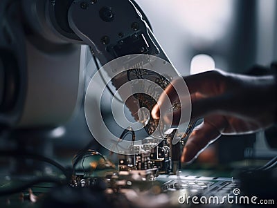 A robotic arm delicately weaving intricate wiring through the metal frame of a component as a worker holds a detailed Stock Photo