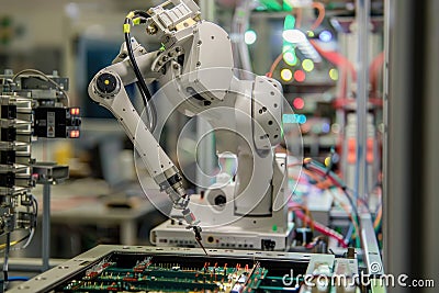 Robotic arm for electronic assembly line. Smart modern factory automation using advanced machines Stock Photo